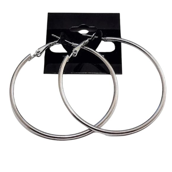 1 1/2 Inch 40mm Hoop Pierced Post Earrings Silver Tone Round With Support Clip - Picture 1 of 3